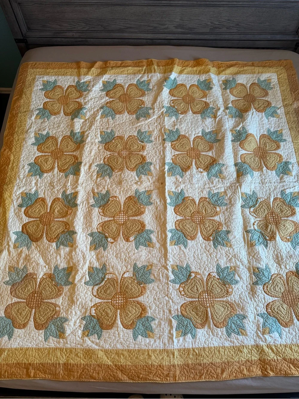 Handmade Vintage Floral Patchwork Quilt in Gold and Cream